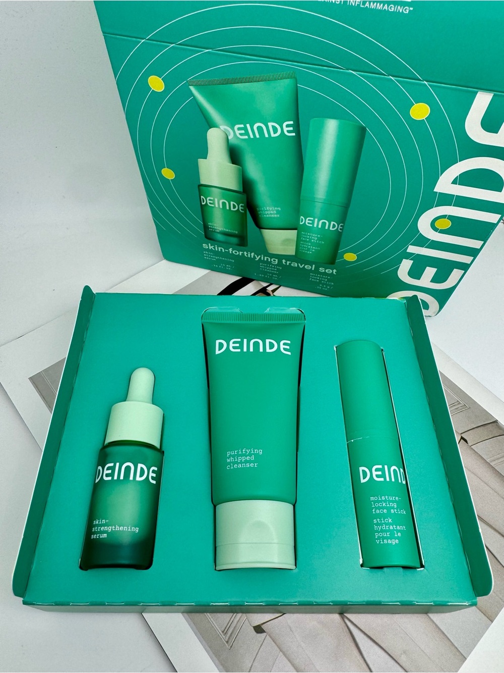 DEINDE Skincare Travel Set:
Purifying Cleanser, Strengthening Serum, Face Stick